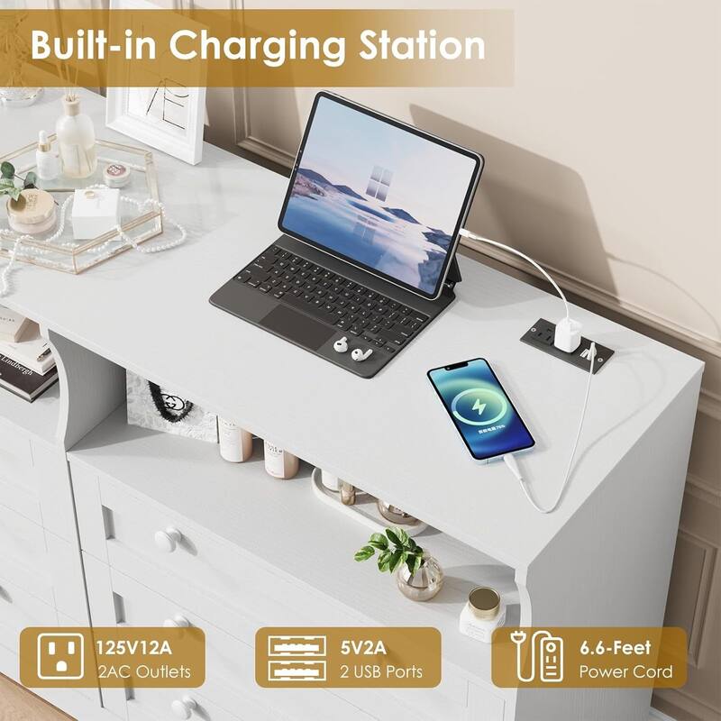 Modern 6 Drawer Dresser for Bedroom with Power Outlet and LED Light