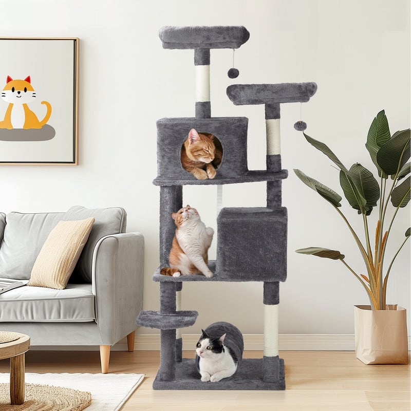 67-inch Dark Grey Cat Tree with Padded Platform Beds - 26.5 x 26 x 67 in.
