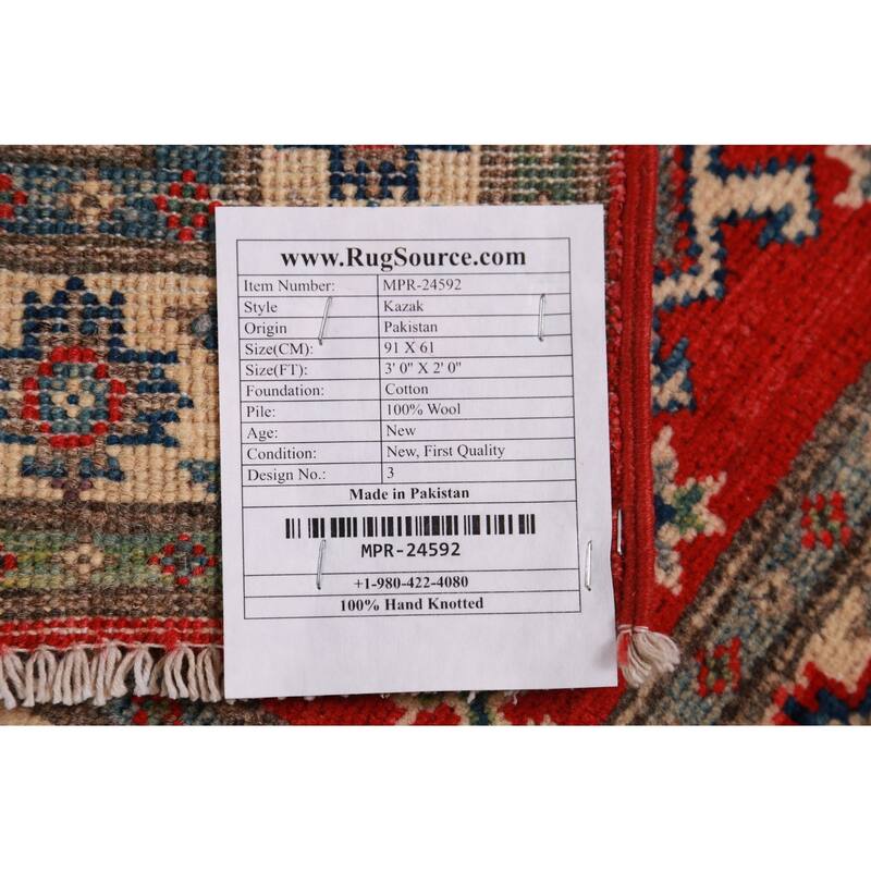 Red Geometric Kazak Oriental Foyer Rug Handmade Wool Carpet - 2'0"x 3'0"