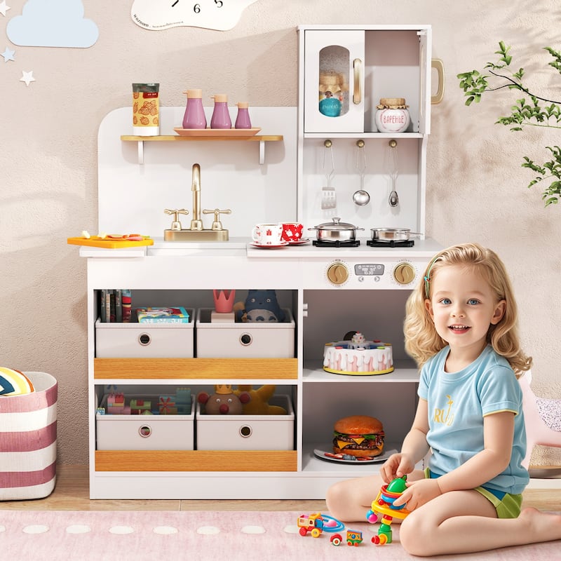 Gymax Kids Kitchen Playset Toy Play Kitchen w/ 4 Fabric Drawers Stoves