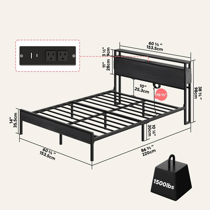 Metal Bed Frame Platform Bed with Storage Headboard LED Lights and Charging Station