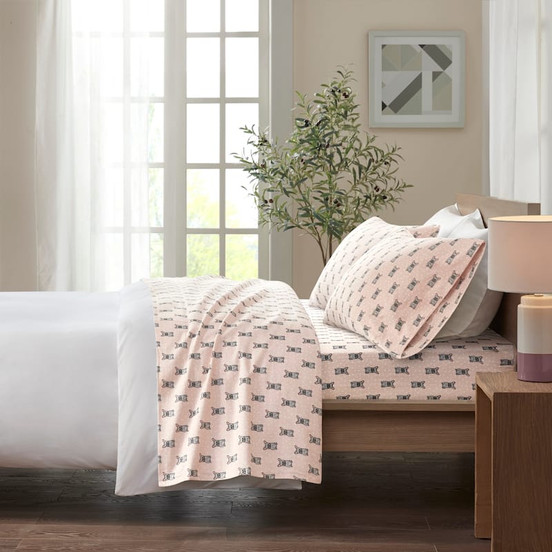Madison Park Cozy Cotton Flannel Printed Sheet Set - Twin - Pink French Bulldog