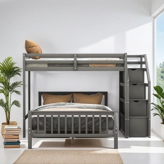 Elegant Twin over Full Loft Bed with Staircase, Ladder with 3 Storage Grids, Sturdy Construction & Safety Guaranteed, Grey