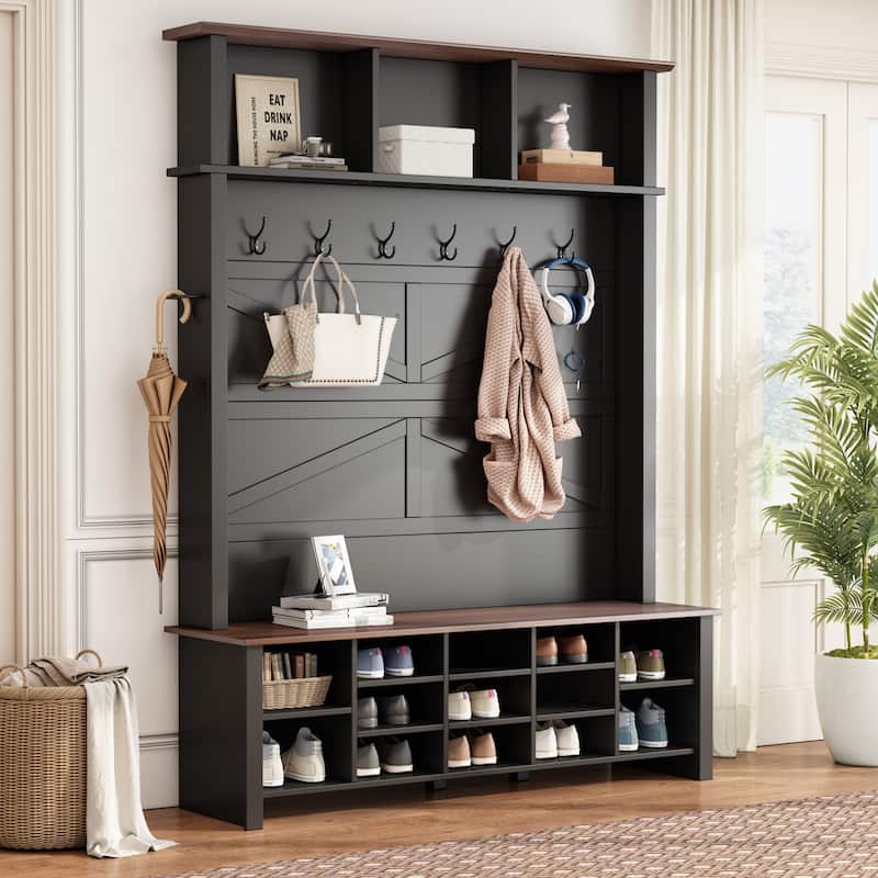 Farmhouse 4-in-1 Hall Tree with 6 Hooks, Walnut Entryway Bench with Adjustable Shelves & 16 Open Compartments