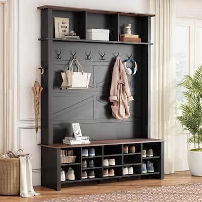 Roomfitters Wooden Farmhouse Hall Tree with Bench, 4-in-1 Entryway Organizer with 6 Hooks, Shelves and Shoe Storage