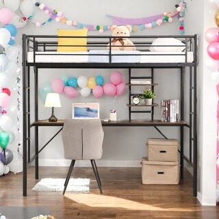 Twin Size Metal Loft Bed with Desk and Storage Shelves