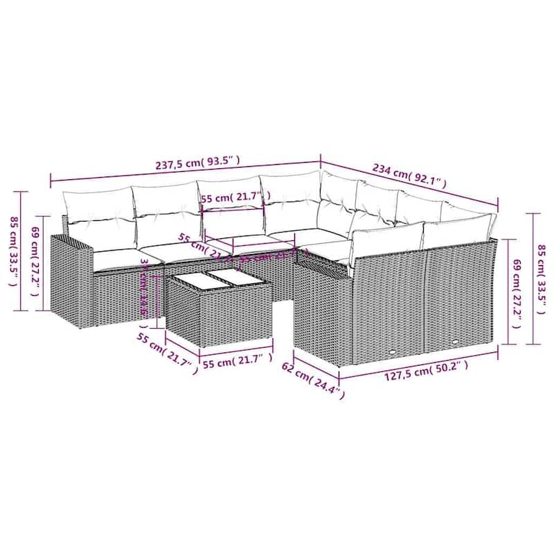 vidaXL 9 Piece Patio Sofa Set with Cushions Black Poly Rattan - 24.4" x 24.4" x 27.2"