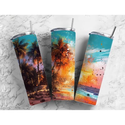 Tranquil Beach 20 Oz Skinny Metal Tumbler w/Lid and Straw - Multi