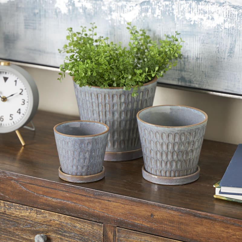 Ceramic Geometric Oval Patterned Indoor Outdoor Planter with Brown Accents and Base Tray - Set of 3 Blue - Roche River Decor