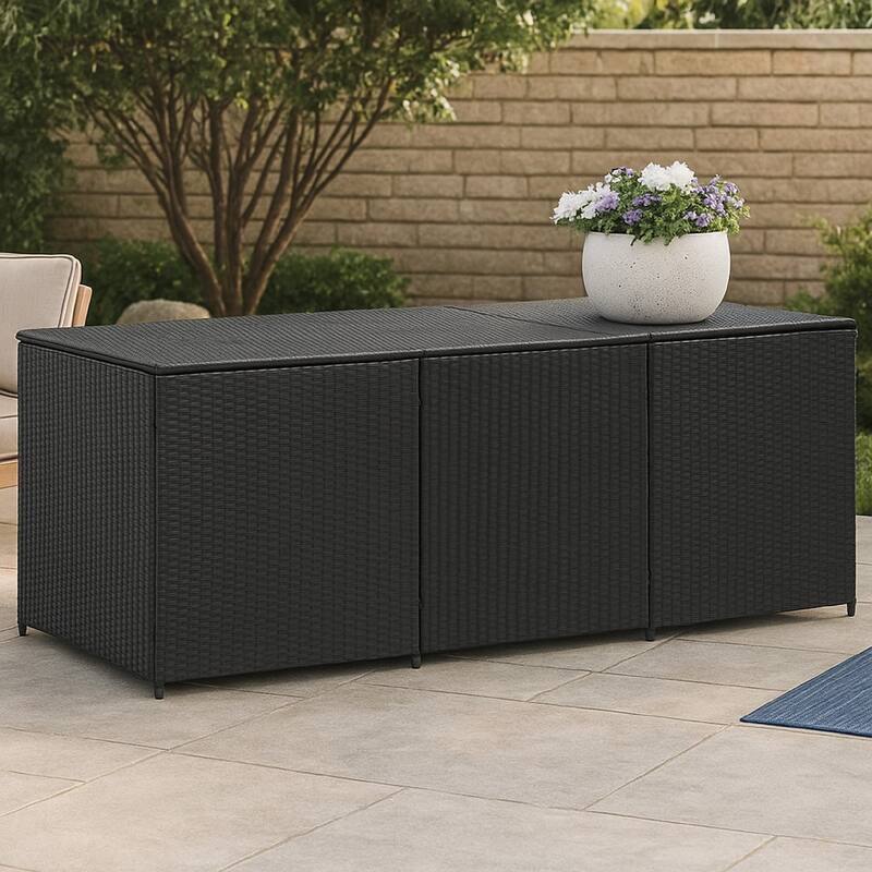 Outdoor Storage Box with Gas Lift, 71 Inch Rectangular, Black Rattan