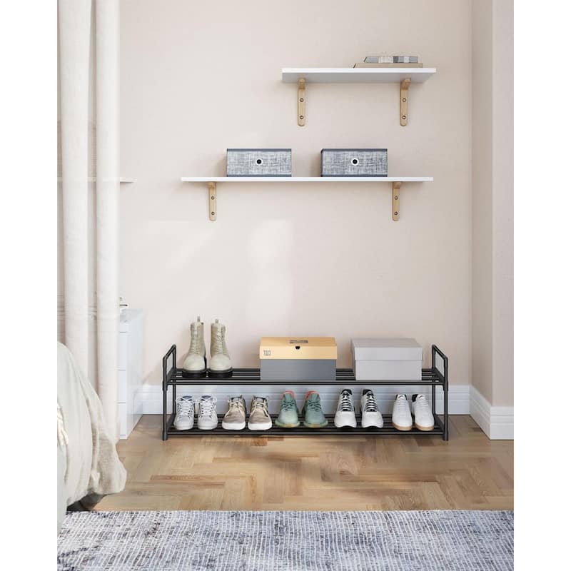 Space-Saving 2-Tier Shoe Organizer Rack, Black Metal Shelf for Closet Bedroom or Entryway Use - 11.8"D x 45.7"W x 13.4"H