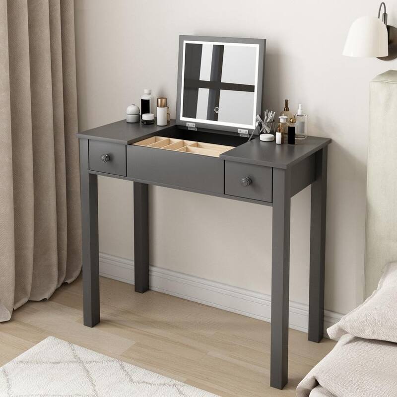 Small Flip Top Makeup Table with LED Lights, Mirror, 2 Drawers - Grey