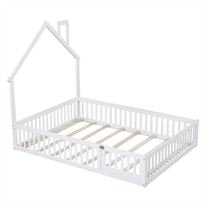 Full Size Montessori Floor Bed with Door and Safety Guardrails, Wood House-Shape Headboard House Floor Bed with Fence for Kids