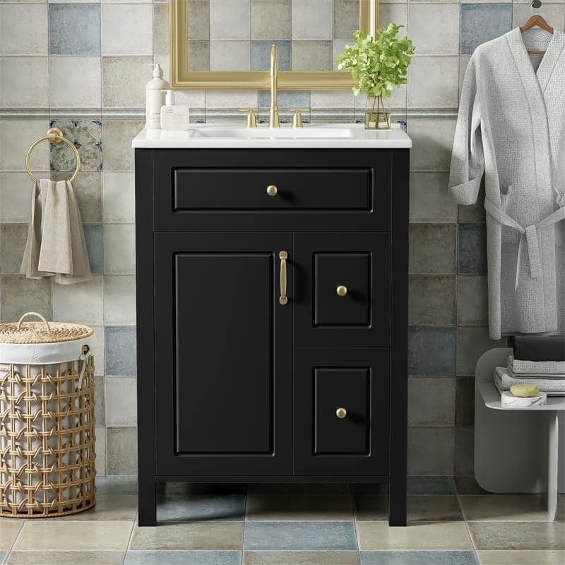 24'' Bathroom Vanity w/ Ceramic Sink Top, Modern Bathroom Vanity Cabinet w/ 1 Soft Close Door, 2 Soft Close Drawers & Door Racks