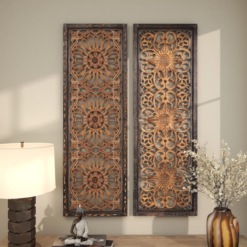 Wood Floral Handmade Intricately Carved Home Wall Decor - Set of 2 Brown - Roche River Decor