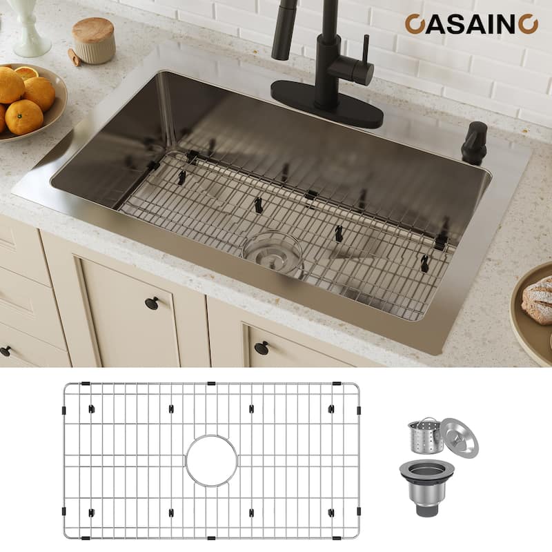 33 in. Drop-In Single Bowl 18 Gauge Stainless Steel Kitchen Sink with Bottom Grid and Basket Strainer, cUPC Certified - Silver