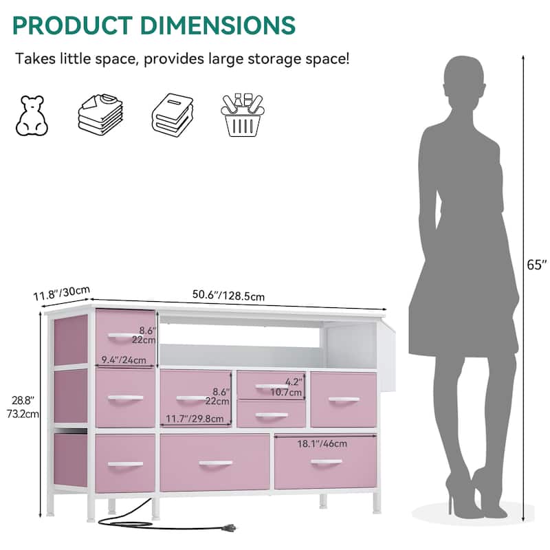 Moasis 50"W 9-drawer Fabric Dresser, Media Console, TV Stand with Outlets, RGB Lights