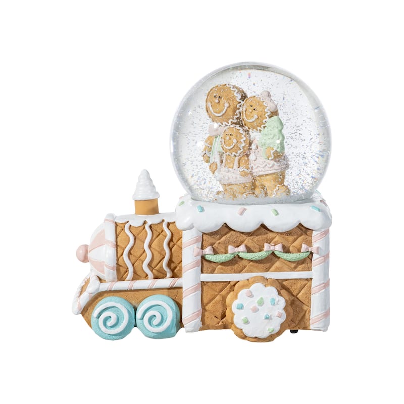 Glitzhome 100mm Christmas Resin Musical Snowflakes Ginginerbread Family Train Waterglobe