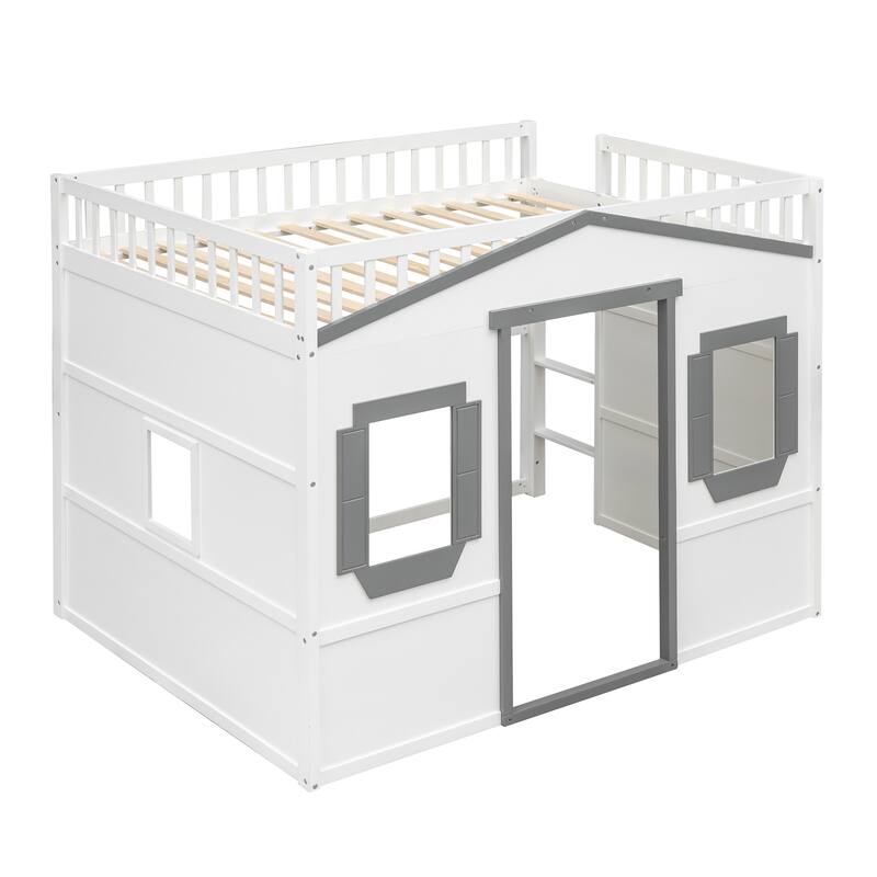 Full Size White and Gray Loft Bed with Ladder and Solid Pine Frame