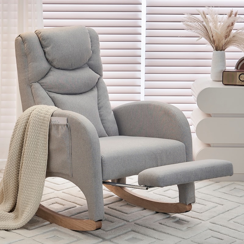 Cotton Linen Fabric Nursery Rocking Chair With Adjustable Footrest