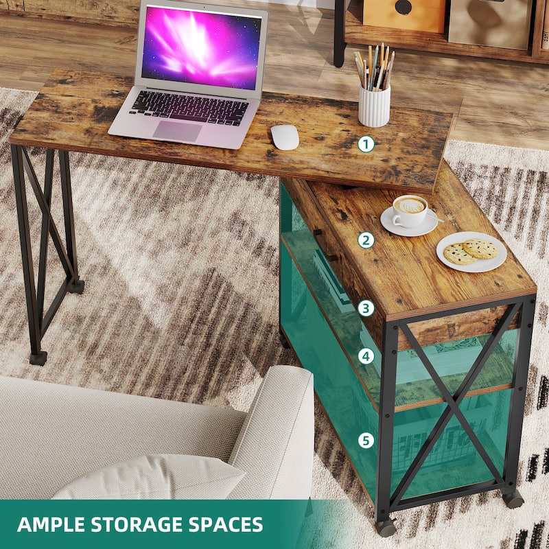 Moasis Rotating Wheeled Sofa Side Table with Drawer 2-Tier Storage Shelves