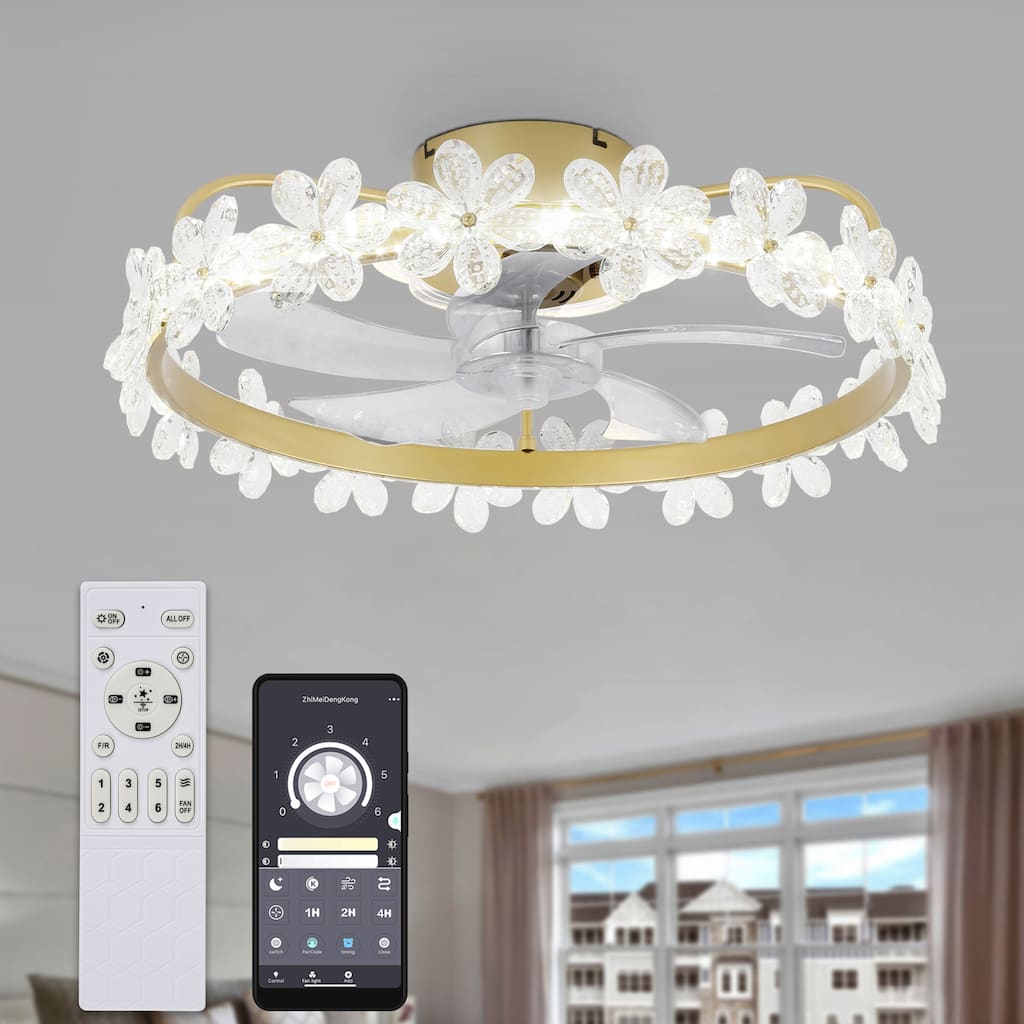 Oaks Aura 21in. Modern Smart App Control Daisy Crystal Low Profile Ceiling Fan With Light, Flush Mount Ceiling Fan for Bedroom