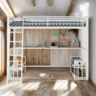 Space-saving Metal Twin Kids Bed Loft Bed with Desk,Storage Shelves and Charging Station