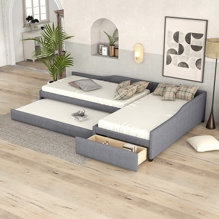Multifunctional Design，Upholstered Double Twin Size Daybed with Trundle and Drawer,Stable and Durable Bed Frame