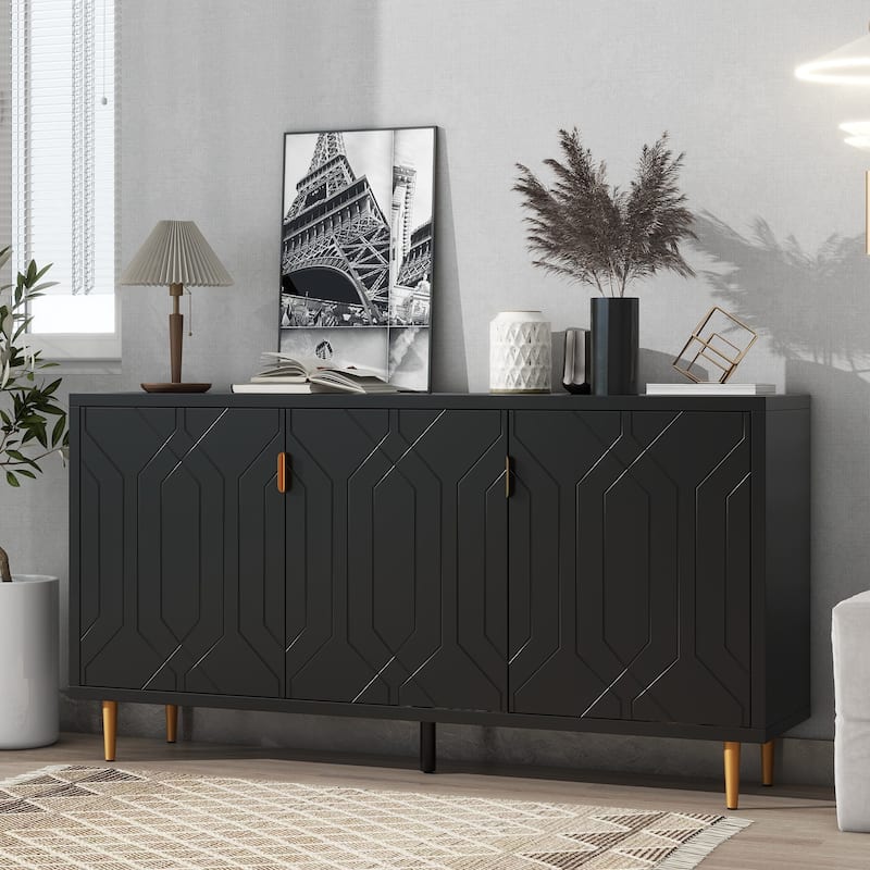 TV Stand with 3 Doors, Media Entertainment Center, Wooden Accent Storage Cabinets with Adjustable Shelves & Tapered Metal Legs - Black