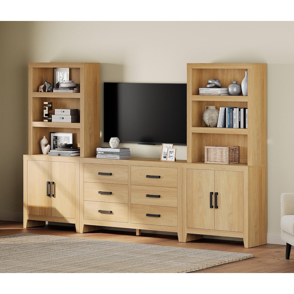 WAMPAT Farmhouse Entertainment Center with Bookshelves, Modular TV Stand with Storage Drawers