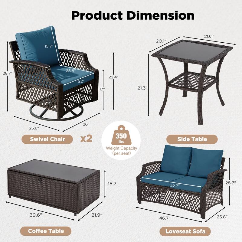 Outdoor Wicker Patio Set w Swivel Chairs & Sofa, Ottomans and Tables, Modular 3/5/6/7-Piece, All-Weather Conversation Set.