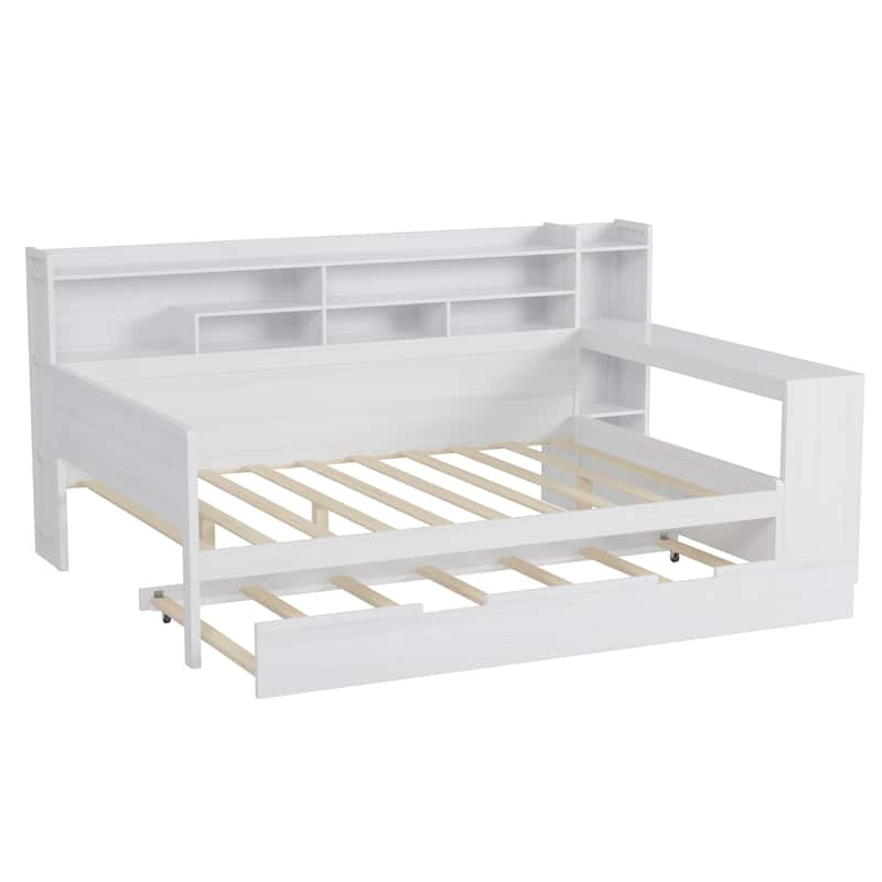 Space-Saving Twin/Full Size Daybed with Trundle and Study Desk, Wooden Platform Bed with Storage Shelves