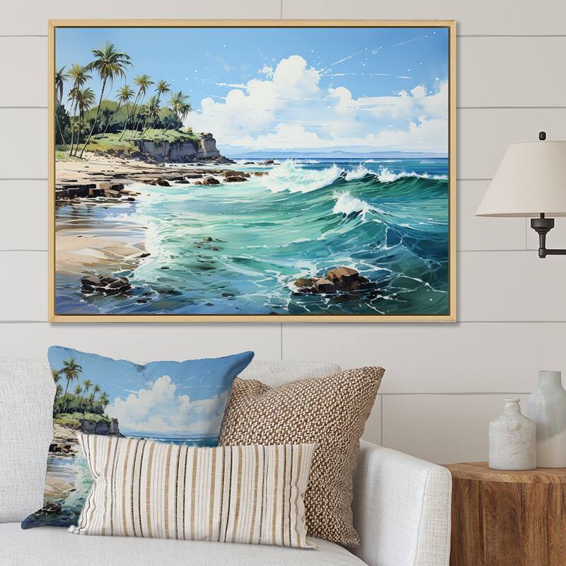 Designart "Turquoise Palm Tree Tropics Breeze" Palms & Palm Trees Framed Wall Decor - 40 in. wide x 30 in. high - Maple