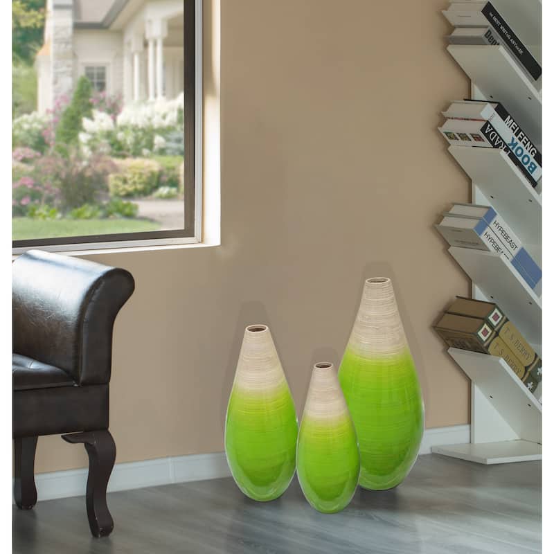 Bamboo Floor Flower Vase Tear Drop Design for Dining, Living Room, Entryway Decor Fill It with Dried Branches or Flowers, Green