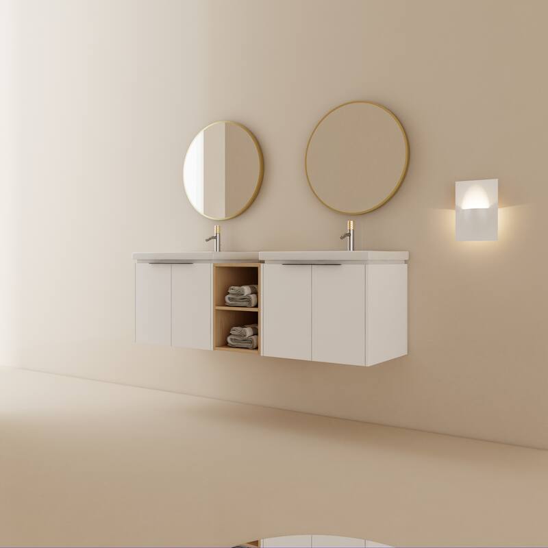 Wall-Mounted Vanity with Double Ceramic Basins, Soft-Close Doors, Metal Handles, and Ample Storage Space - 59.6in L Plywood