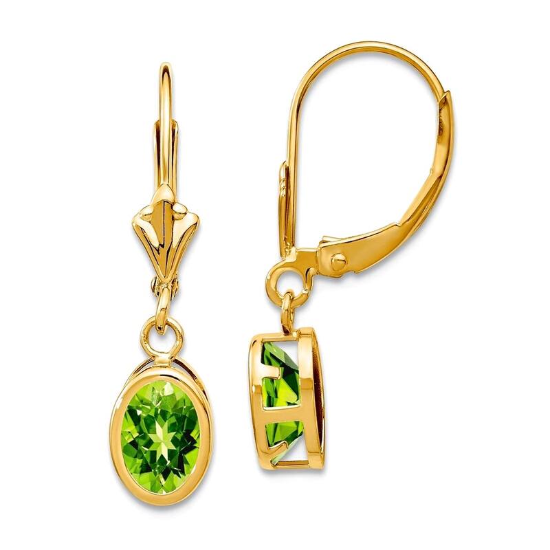 Curata 14k Yellow Gold 7x5mm Bezel Oval Natural Gemstone Leverback Earrings - 27x7mm - Peridot