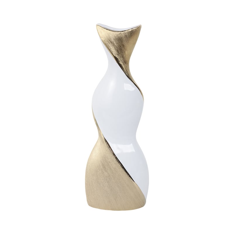 Contemporary Ceramic Twisted Vase -White and Gold Floral Vase - 6" x 3" x 16"
