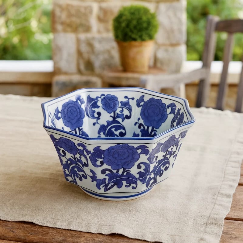 11 Inch Decorative Bowl with Floral Pattern on Blue and White Porcelain