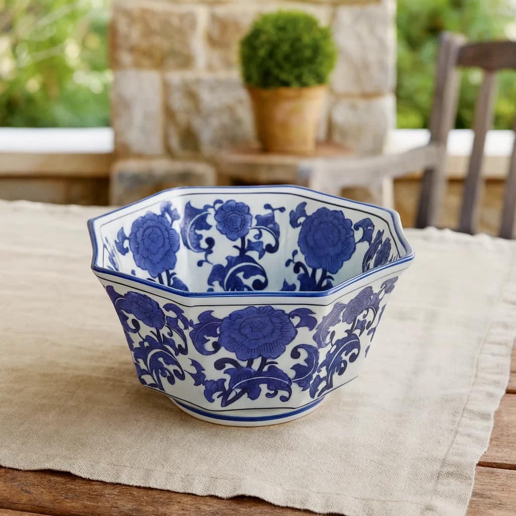 11 Inch Decorative Bowl with Floral Pattern on Blue and White Porcelain