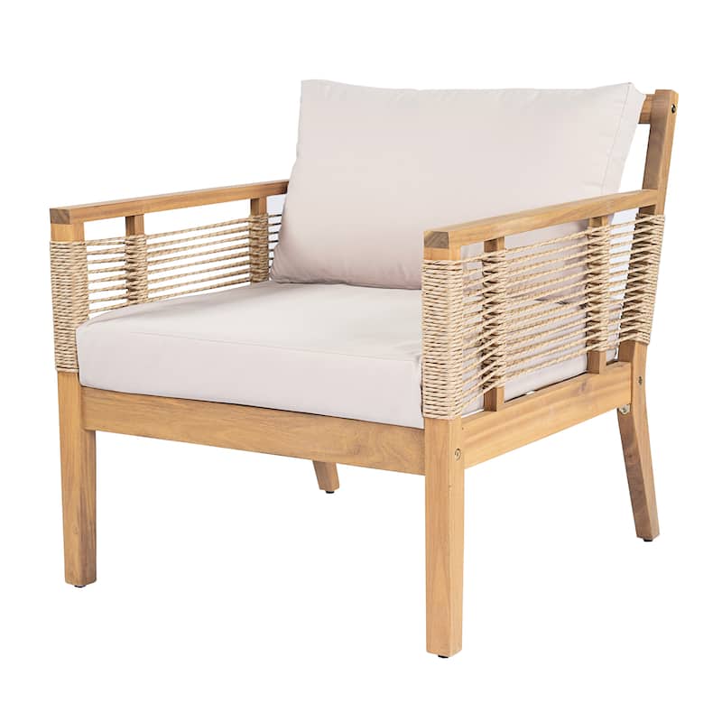 Roomfitters 5-Piece Patio Sofa Set, Modern Rope Weave Outdoor Furniture, 3-Seater Sofa, 2 Armchairs and 2 Tables, Teak+Beige