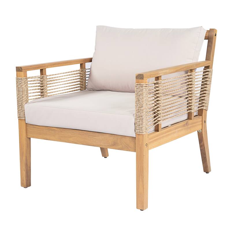 Roomfitters Set of 2 Patio Club Chairs, Outdoor Wood Lounge Chair with Upholstered Cushions, Rope Weave, Teak+ Beige