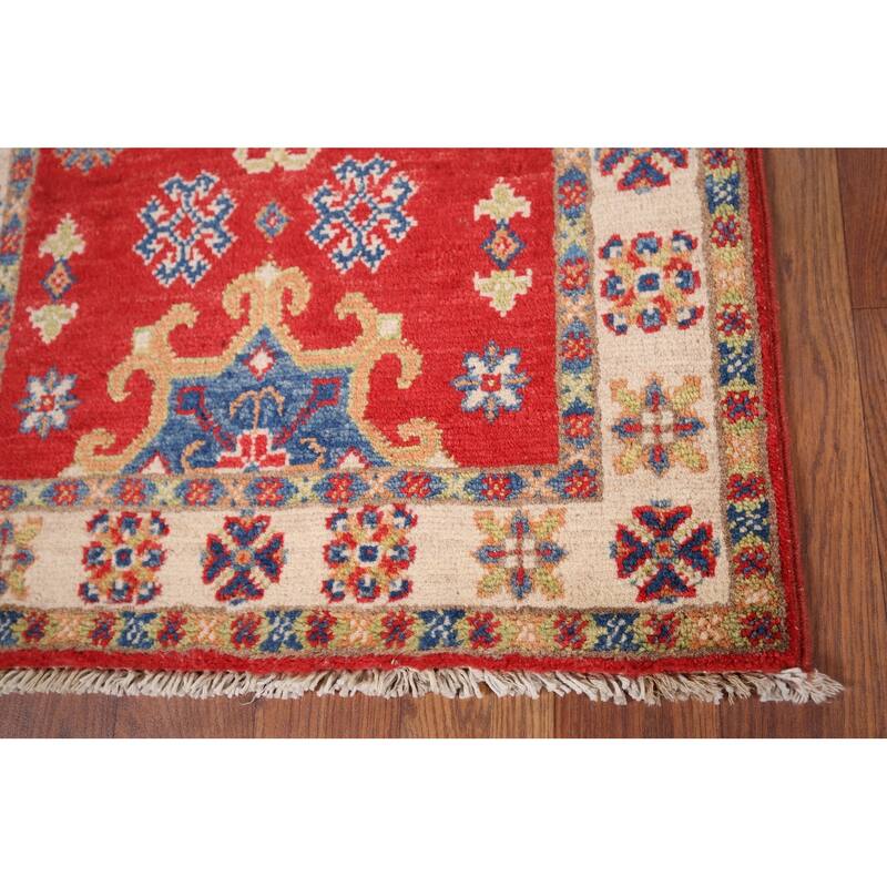 Red Geometric Kazak Foyer Rug Hand-Knotted Wool Carpet - 1'11" x 3'2"