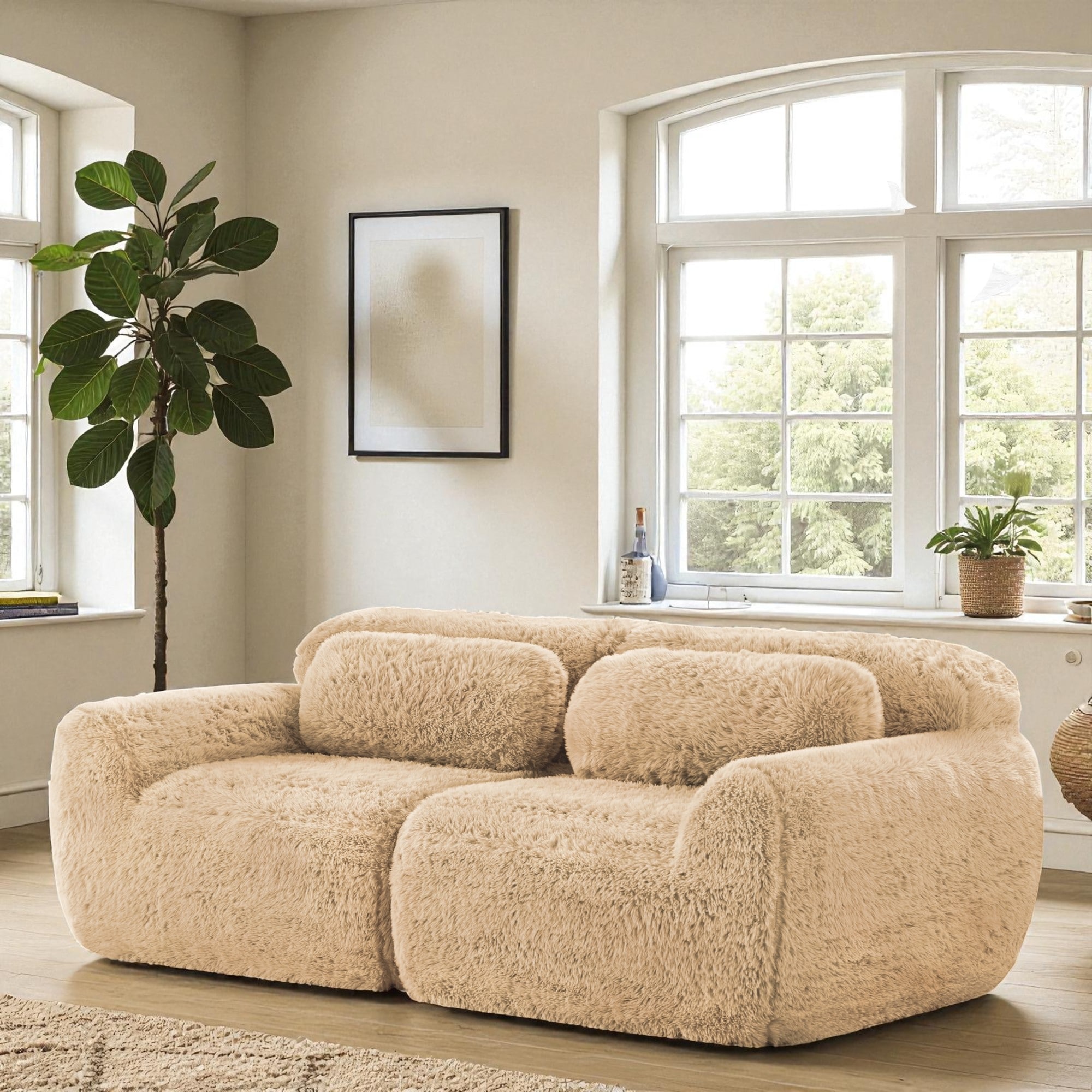 2-Seater Modular Plush Sofa with Fluffy Upholstery, Anti-Slip Base