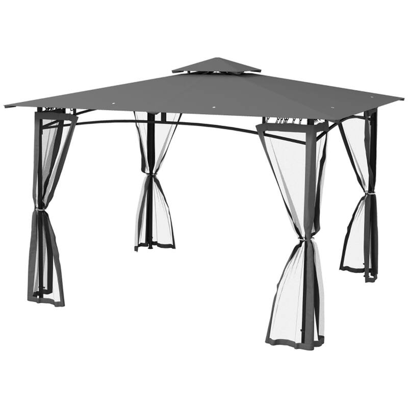 Dark Grey Polyester Metal Patio Gazebo with Mosquito Netting and Ventilated Double Roof - 143.75" L x 118" W x 112.25" H