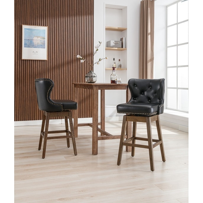Counter Height Swivel Leather Bar Stools with Wooden Leg Set of 2