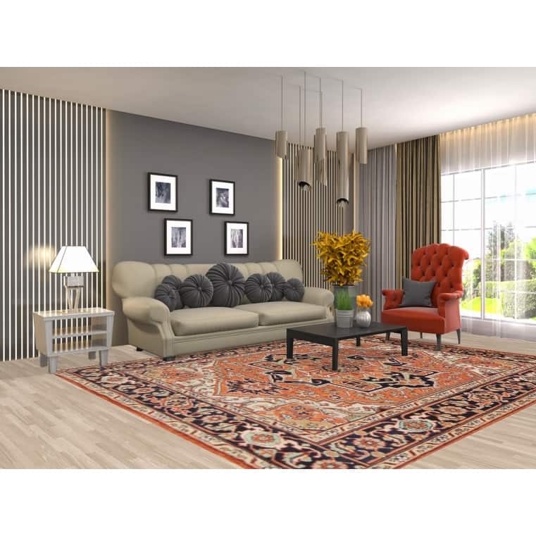 Orange Geometric Heriz Serapi Indian Area Rug Hand-Knotted Wool Carpet - 8'0"x 10'1"