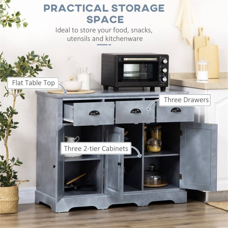 Grey MDF Sideboard Cabinet with Drawers and Adjustable Shelves for Kitchen Dining or Living Room
