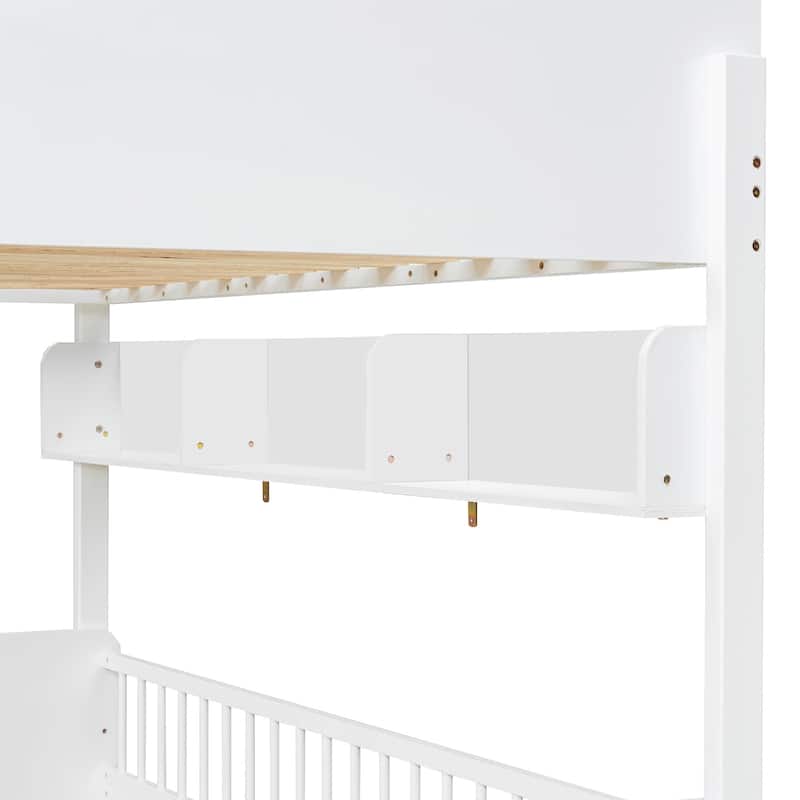 Twin Over Twin Wood Bunk Bed with 3 Storage Shelves, Reversible Ladder
