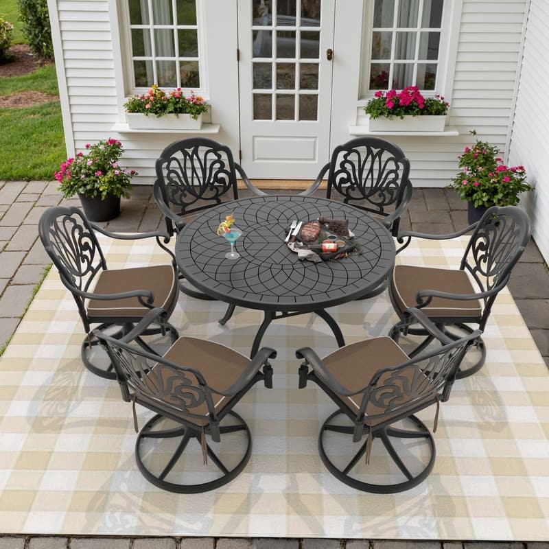 7-Piece Aluminum Round Outdoor Patio Dining Set, 6 Cushioned Swivel Chairs, Table, All-Weather Frames
