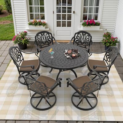 7-Piece Aluminum Round Outdoor Patio Dining Set, 6 Cushioned Swivel Chairs, Table, All-Weather Frames